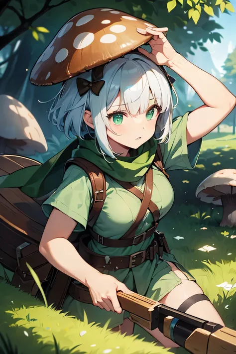 a cartoon image of a mushroom girl with a larg crossbow, pixiv, fantasy art, forest hunter lady, rpg game style, crisp clear rpg portrait, female forest archer, rpg artwork, forest soul, 2d game fanart , wears a large mushroom on her head , white short hai...