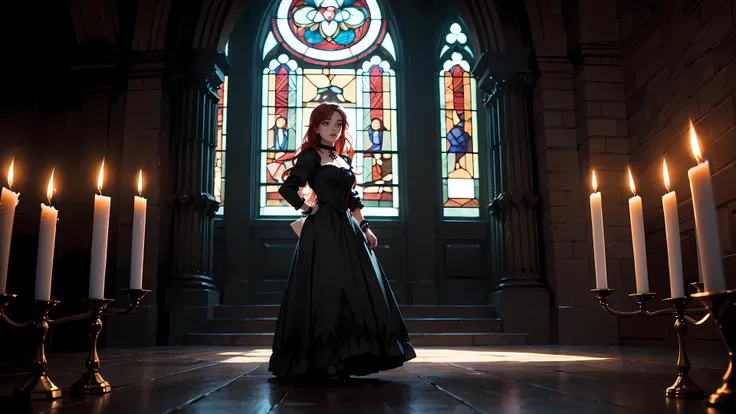 ((1girl)), long red hair, choker collar, bracelets, Victorian style long black dress, standing, dramatic pose, cowboy shot, gothic mansion, stained glass window, night, nighttime, candles, candlelight, dramatic lighting, cinematic lighting, 