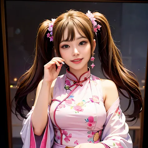 Realistic photo of cute woman, uneven twin tails, light makeup,big size, smile a little, wear a cheongsam, ((full body shot)), Clear facial features with sharp, realistic details, Sony FE, 35mm, cinematic lighting, advanced details, UHD, high quality, HD, ...