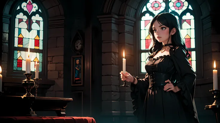 ((1girl)), long black hair, choker collar, bracelets, Victorian style long black dress, standing, dramatic pose, cowboy shot, gothic mansion, stained glass window, night, nighttime, candles, candlelight, dramatic lighting, cinematic lighting, 