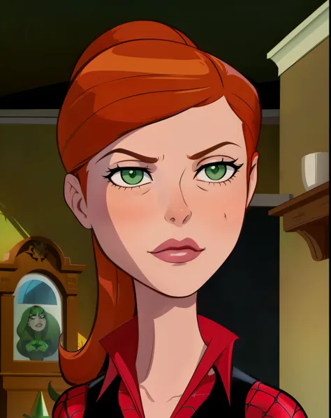 a close up of a cartoon woman with green eyes and a red shirt, dinah drake, anya from spy x family, mary jane, kim possible, ins...