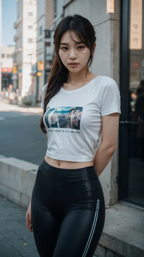 ((korean idol)) ,((beautiful face)),1girl,best quality,8K,cinematic lighting,ultra HD,masterpiece,ultra high res,(photorealistic:1.2),extremely high quality RAW photograph, beautiful scenary, under garment.graphic t-shirts, short leggings