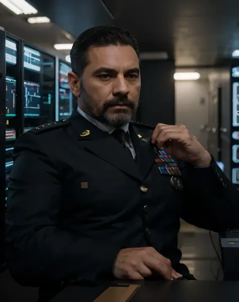 Military general is sitting, Face of a very masculine Greek man, thick beard, short well-combed black hair, dark blue generals military uniform, he has medals on his uniform, It is inside an ultra-modern server room, on the walls many blue computer screens...