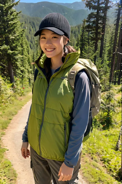 Outdoor long sleeve medium weight base layer、sleeveless summer jacket、A female hiker wears outer shorts over base layer long pants and carries a backpack.、Smile and take a break on the mountain trail