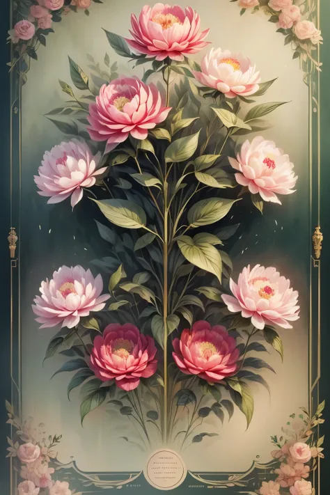 Retro Victorian style　An accurate encyclopedia of plants (best quality:1.2), (detailed:1.2), (masterpiece:1.2), Vintage botanical illustration of peony, Peony