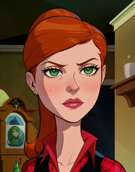 a close up of a cartoon woman with green eyes and a red shirt, dinah drake, anya from spy x family, mary jane, kim possible, ins...