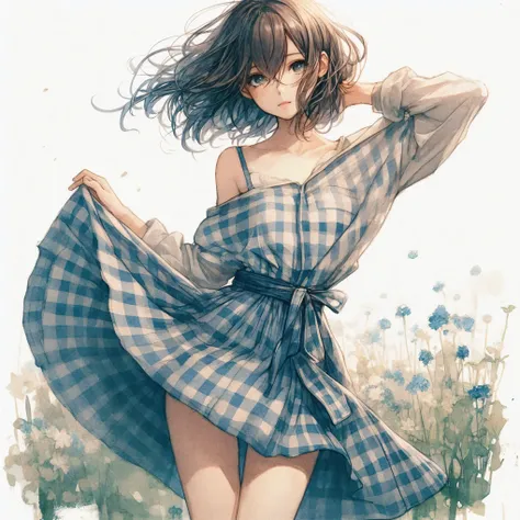 anime girl in a blue and white dress posing in a field,  in dress, beautiful anime artwork, beautiful anime girl, beautiful anime art, soft anime illustration, beautiful anime art style, guweiz on pixiv artstation, guweiz on artstation pixiv, makoto shinka...