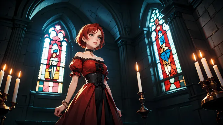 ((1girl)), short red hair, choker collar, bracelets, Victorian style long red dress, standing, cowboy shot, dramatic pose, gothic mansion, stained glass window, night, nighttime, candles, candlelight, dramatic lighting, cinematic lighting, 