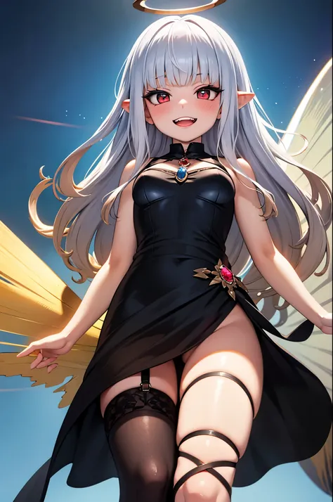 smug fairy girl princess goddess, mean, laughing hard, very thin, confident, arrogant, halo, magical fairy wings, stockings, red eye, tiara makeup, blush, eye shadow, black sorceress outfit, lots of luxurious jewelries, flawless shiny silver hair, perfect ...