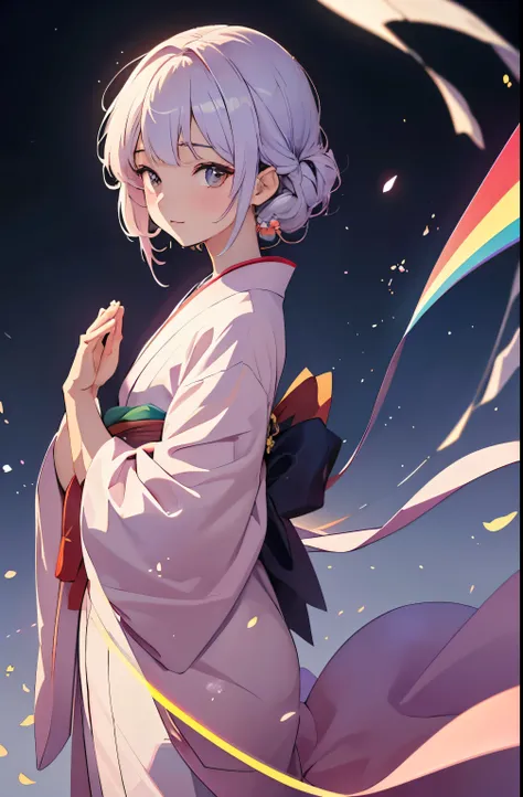 (high resolution, be familiar with, 4k, 8k), (anime style), delicate, beautiful girl in kimono, a vibrant rainbow in a clear sky...