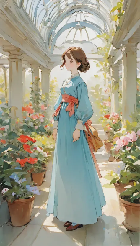 ((Sargent style watercolor))、(highest quality、masterpiece)、soft light、Indoor Botanical Garden、dome、(lots of flowers)、A garden with dancing petals、