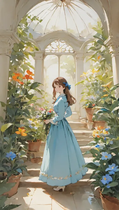 ((sargent style watercolor))、(highest quality、masterpiece)、soft light、indoor botanical garden、dome、(lots of flowers)、a garden wi...