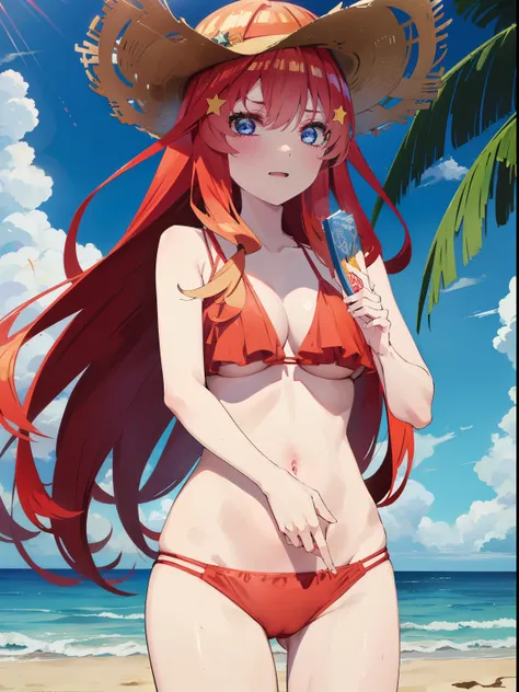 itsukinakano, itsuki nakano, bangs, blue eyes, hair between eyes, Ahoge, redhead, star (symbol), hair ornaments, star hair ornamentsにっこり, smile, open your mouth,big straw hat,red bikini,bare belly, (beach salon),  big breasts,((salon)), beach outfit,real s...