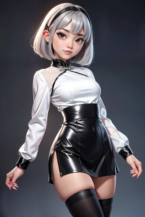 Beautiful Chinese teenager, tight silk long sleeve top, large breasts, bob hair with silver streaks,  knee high boots, short skater skirt, punk girl, masterpiece, silver highlights in hair