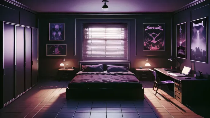 dormitorio morado con una cama, escritorio, y cuadros en la pared, dormitorio adolescente cyberpunk, dormitorio cyberpunk por la...