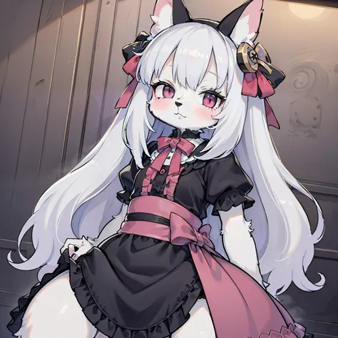 Kawaii,Lolita,furry,long hair,white hair,female,is female,pink eyes,cute dress