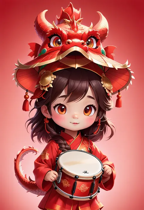 a super cute girl wearing a chinese dragon hat，carrying one on the back[snare（drum set）]， bright eyes。solid color background，red...