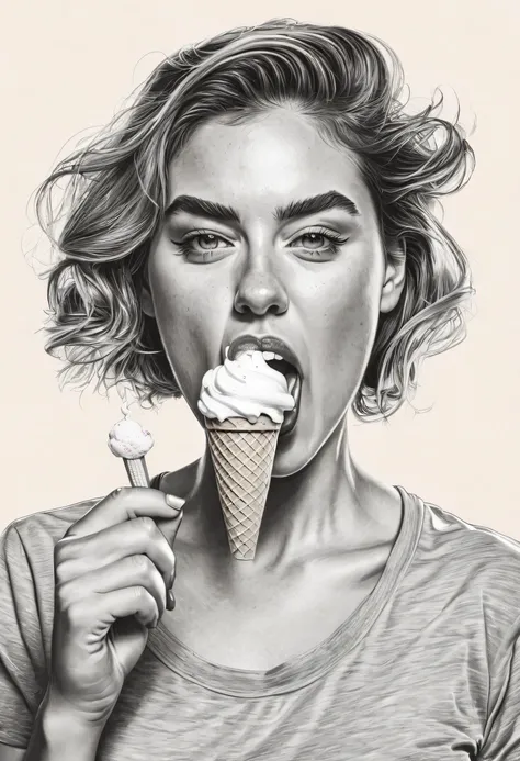 A drawing of a strong woman eating an ice cream