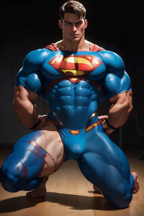 ((masterpiece)), ((best quality:1.2)), High Resolution, 8k, ultra_realistic, sharp focus, muscular Hot hunk, bodybuilder, short brown hair, (handsome man wearing superman blue skin-tight union suit:1.2), (panty bulge), bound with ropes, on the floor, hands...