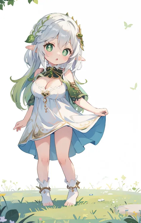 elf, contrappost, breasts, cleavage, white kindergarten  smock, white background, :o,