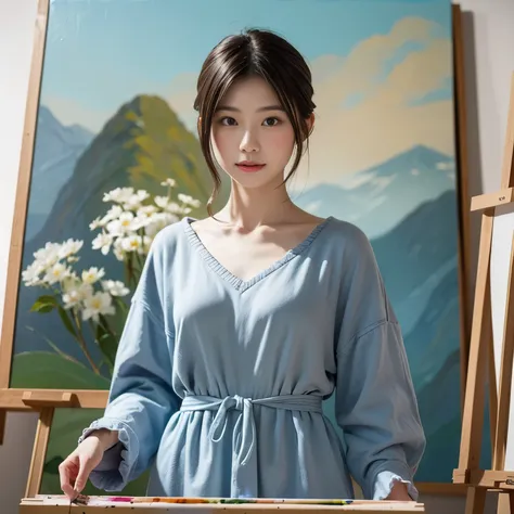 there is a young and beautiful japanese woman、she is a painter、i&#39;m painting an oil painting、a canvas is placed on the easel、...