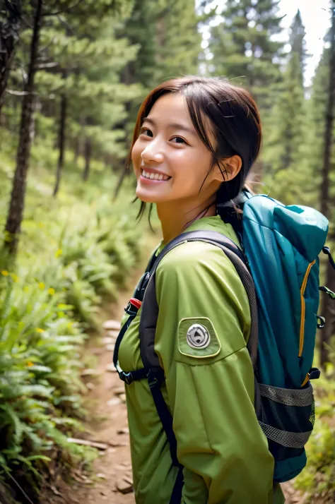 Smiling woman with backpack on mountain trail, hiking outfit, wearing adventure gear, wearing adventure gear, with a backpack, Girl standing on top of a mountain, mountain tree々Solo hiking in, portrait shot, hiking in rocky mountain, girl walking on mounta...