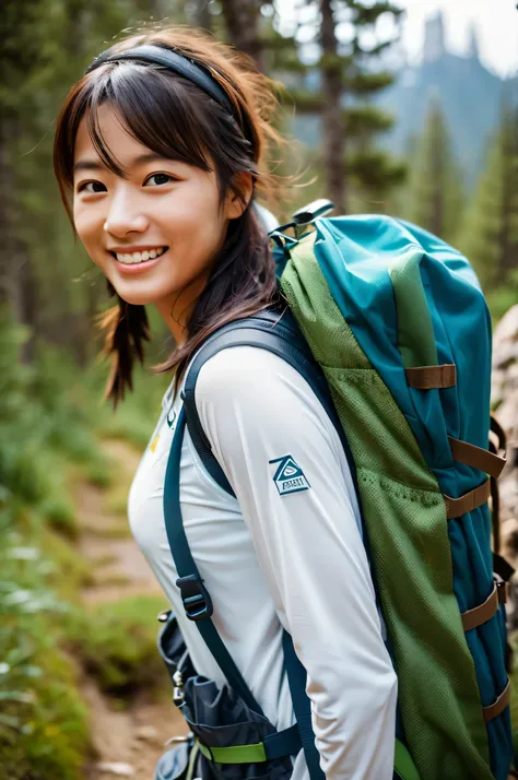 Smiling woman with backpack on mountain trail, hiking outfit, wearing adventure gear, wearing adventure gear, with a backpack, Girl standing on top of a mountain, mountain tree々Solo hiking in, portrait shot, hiking in rocky mountain, girl walking on mounta...