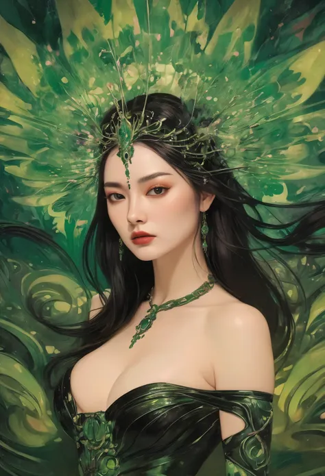  A provocative painting portraying a sultry lady from hell in a captivating green-themed scene, embodying the allure and power of Hela in an epic split-screen composition that heightens the theatricality and mystique of her character. The green color schem...