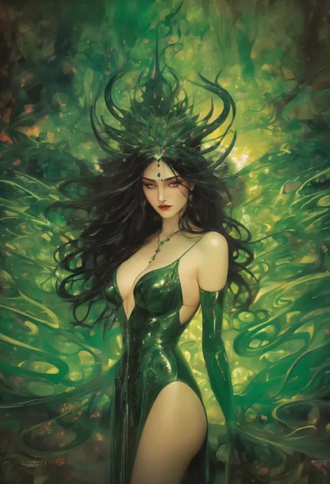  A provocative painting portraying a sultry lady from hell in a captivating green-themed scene, embodying the allure and power of Hela in an epic split-screen composition that heightens the theatricality and mystique of her character. The green color schem...