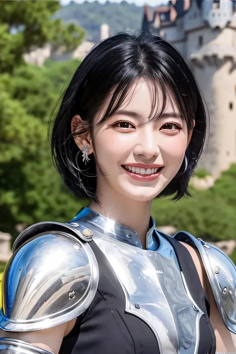 ８Ｋ、highest quality、female knight、The background is a castle、luxurious silver armor、heavy equipment、black hair、hairstyle short cut、smile、beautiful teeth、full body photo、ear piercing)), (