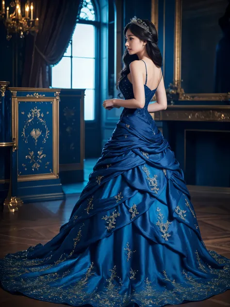 dark blue dress, female, perfect body, very detailed, ((best quality, 8 thousand, masterpiece :1.3)), disney princess, dress with covered shoulders, 1 woman