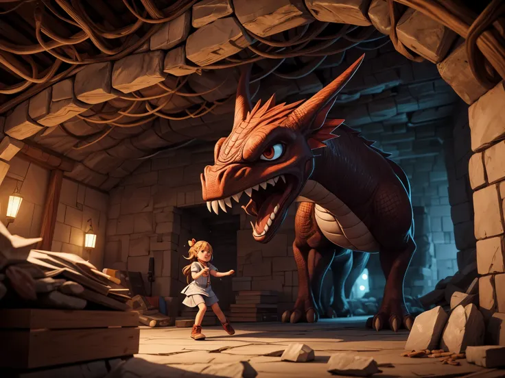 A girl fighting a dragon in an underground dungeon