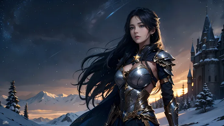 masterpiece, rest, best quality, Super detailed, Super real, 16K, high resolution, castle，snow, ((starry sky)),female warrior，ornate armor，complex pattern，big breasts，beautiful face，dramatic，half body shot