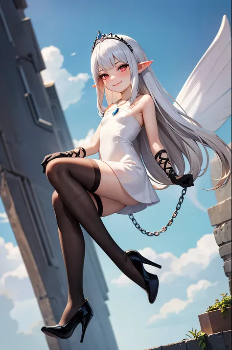 1girl, villain, full body, towering, white hair, gradient hair, pointy ears, pendant, strapless dress, white dress, fairy wings, arm wrap, black gloves, leg wrap, black footwear, levitating above a tiny city, flat chest, mean, smirk, very thin, skinny legs...