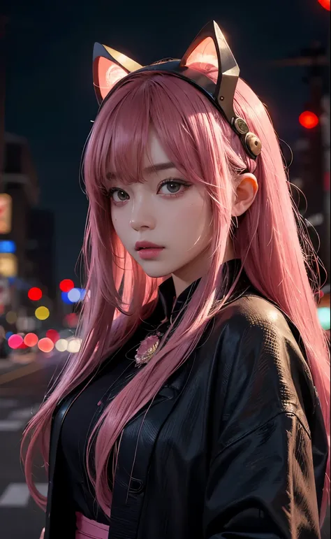 1girl, Tokyo street,night, cityscape,city lights, upper body,close-up, 8k, RAW photo, best quality, masterpiece,realistic, photo-realistic,headgear of pink rose, parted bangs, long hair,
