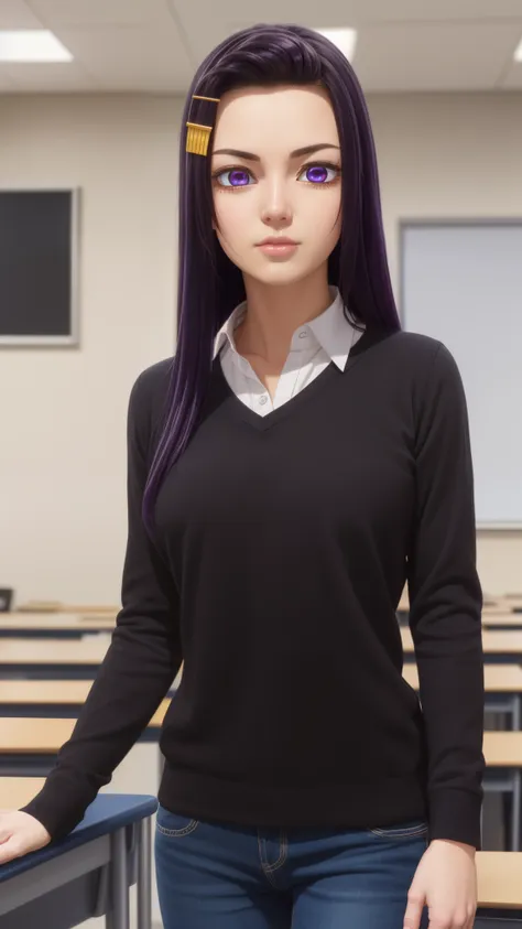 sayuriakino, sayuri akino, long hair, hair ornament, hairclip, purple hair, (purple eyes:1.1), (forehead:1.2),
break shirt, whit...