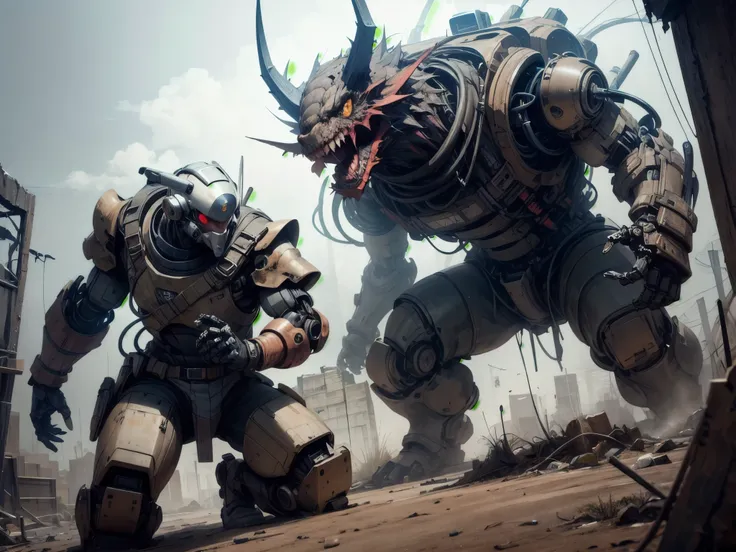 robots fighting monsters in a post apocalyptic scene  