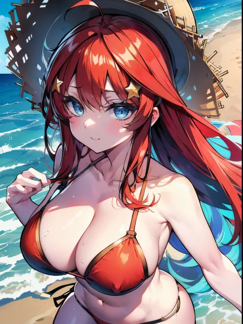 itsukinakano, itsuki nakano, bangs, blue eyes, hair between eyes, Ahoge, redhead, star (symbol), hair ornaments, star hair ornamentsにっこり, smile, open your mouth,big straw hat,red bikini,bare belly, (beach salon),  big breasts,((salon)), beach outfit,real s...