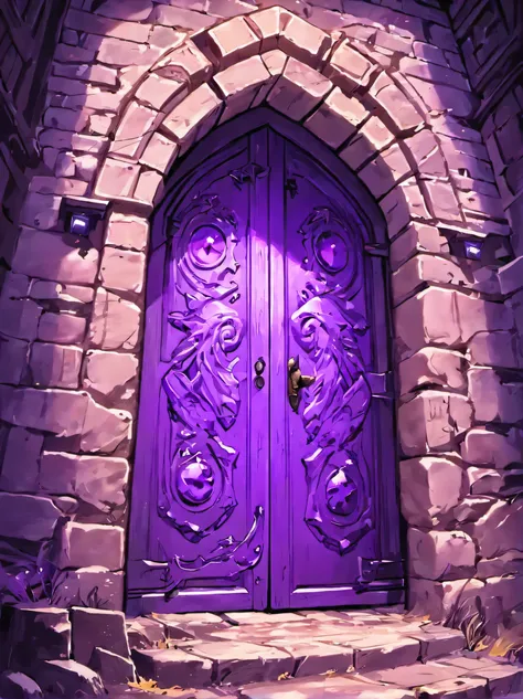 purple door in a stone wall with steps leading to it, magic doorway, mystical colors, eerie colors, glowing purple, doors that are cosmic portals, eerie color, secret entrance, tall door, magic portal to another world, purple magic, shades of purple, magic...