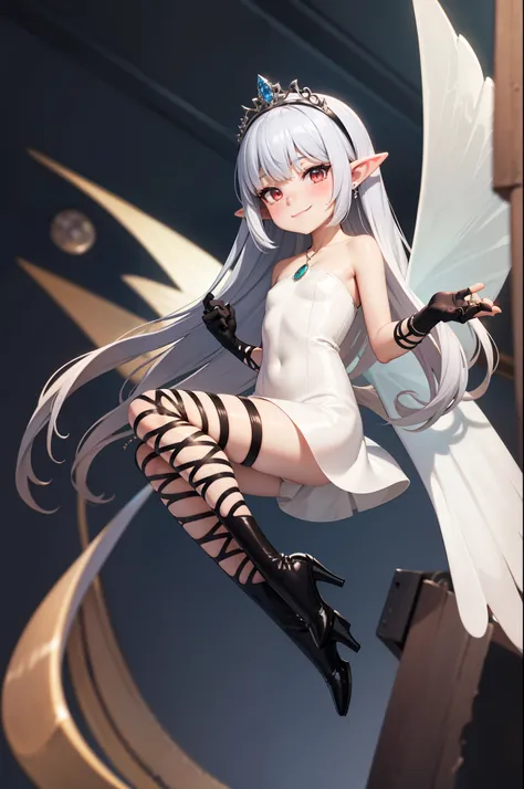 villain, levitating above a tiny city, full body, energy drain, towering, white hair, gradient hair, pointy ears, pendant, strapless dress, white dress, fairy wings, arm wrap, black gloves, leg wrap, black footwear, flat chest, mean, smirk, very thin, skin...