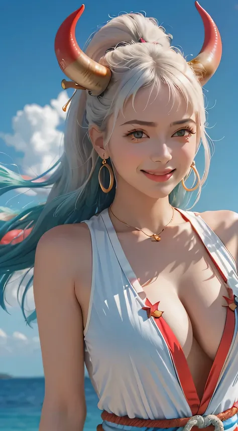 masterpiece, highest quality, 1 female, High resolution,  beautiful girl ,  yamatowanpi，big breasts，cleavage，Blouses of white color，look into the camera，bust photo，sexy and excited，face turns red，sea background，smile