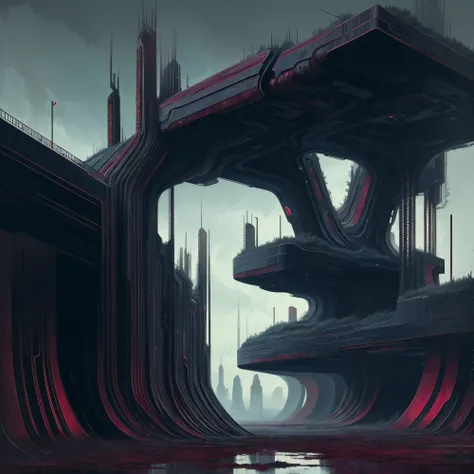 alien architecture, (anime:0.8), (cult of cthulhu:0.5), (futurism:1.3), (dread:0.5), (impressionist:1.1), ethereal, eerie, (suggestive:1.3),(depressing:1.4), (cute:1.3), (surreal:1.1), disturbing, (fascinating:1.3), (black:1.2), (maroon :1.2), (navy:1.2), ...