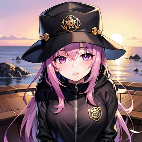 ((1girl, solo)), purple hair, long hair, purple eyes, grey, +_+, long sleeves, smile, (((parted lips))), hood down, (badge on hat), symbol-shaped pupils, looking at viewer, details eyes, absurdres, half body, ((sunset)), top view, (day time, sunny)