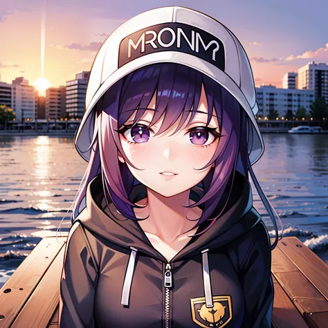 ((1girl, solo)), purple hair, long hair, purple eyes, grey, +_+, long sleeves, smile, (((parted lips))), hood down, (badge on ha...