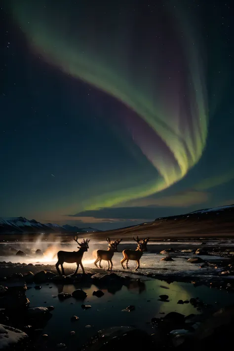 A northern lights dancing in the night sky over a landscape of frozen lava, while a herd of wild reindeer crosses a glacial river, reflecting the vibrant colors of the celestial phenomenon