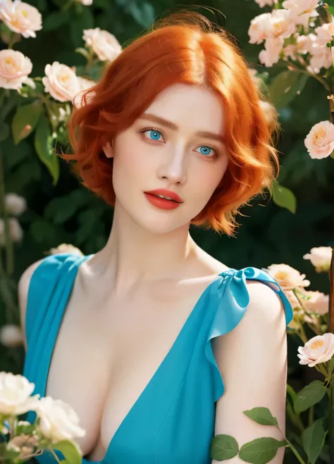 Masterpiece, (Bryce Dallas Howard: 0.5), short chanel hair, vivid orange hair, shy, cute, playful smile, high detail face, high detail skin, red and blue dress, (high detail eyes:1.3), (small breasts:1.2), (strong athletic body), garden wiith colorful flow...