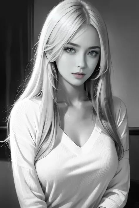 beautiful russian woman, 1 person, blonde, straight hair, (facing forward), photorealistic, light knit v-neck shirt, Raw photo, ((monochrome photography)), ((Only the lips are red)), detailed skin texture, detailed eyes, Super detailed, 8K, highest quality...