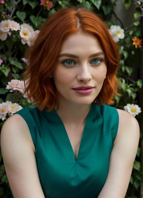 Masterpiece, (Bryce Dallas Howard: 0.5), short chanel hair, vivid orange hair, shy, cute, playful smile, high detail face, high detail skin, red and green dress, (high detail eyes:1.3), (small breasts:1.2), (strong athletic body), garden wiith colorful flo...