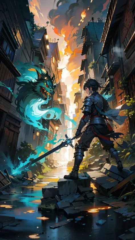 Warrior boy, wearing shining armor, Winding narrow street, City in ruins, Collapsed buildings and debris, Flaming Sword, fighting a Monstrous Cursed Spirit, Glowing Eyes, Dark Aura, fantasy world, dark background, clean design, epic, artstation, colorful p...