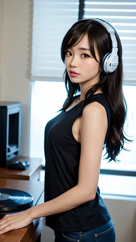 a beautiful Thai woman DJ with headphones is standing behind her turntable in front of a window that overlooks San Diego and posing for the camera. She has brown eyes, is wearing a black tank top and blue jacket, and has long hair. The room also contains v...